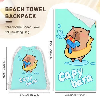 Microfiber Capybara Beach Towel Sand Free Absorbent Extra Large Travel Towels for Adults Kids Microfibre Towels for Adults with Drawstring Bag 2in1