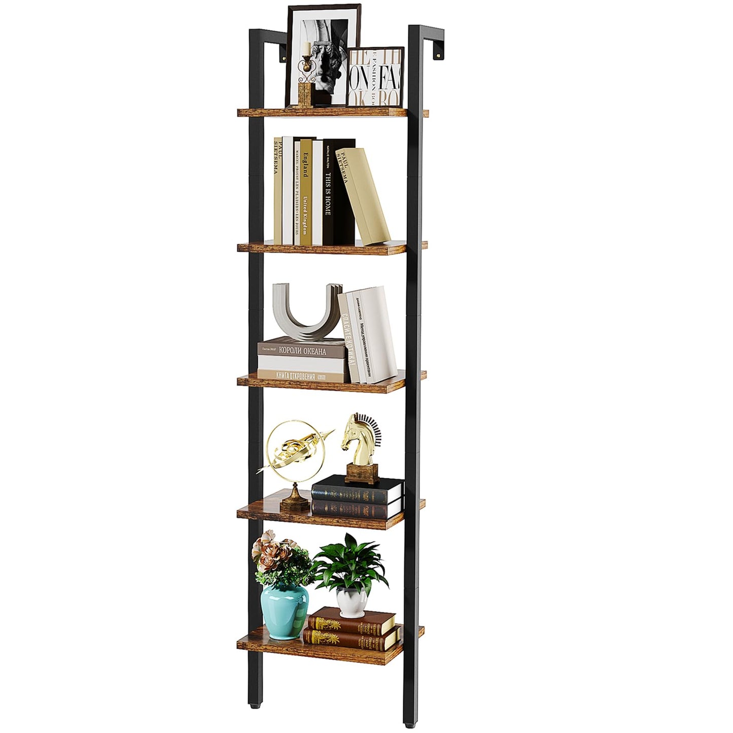 YMYNY Bookshelf Wall Mounted, Ladder Shelf, 5-Tier Bookcase Rack, Storage Unit with Metal Frame, Industrial Floating Wall Shelf for Living Room,