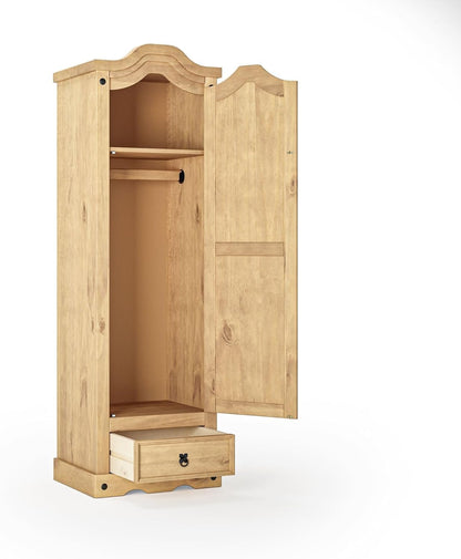 Corona Wardrobe 1 Door 1 Drawer Arch Top Solid Mexican Pine Wood Bedroom Storage 176cm x 55cm x 45cm