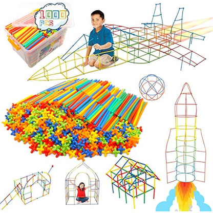 1000 Pieces Reusable Construction Tubes and Connectors Toys, Fort Building Toys for Kids, STEM Creative Building Games for Boys and Girls Ages 4 5 6 7 8 Years Old