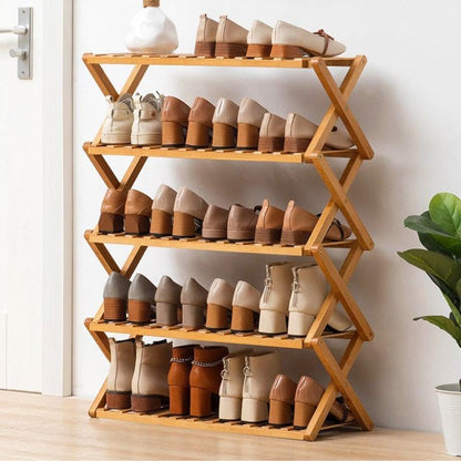 Gelory Bamboo Folding Shoe Rack, Portable Wooden Small Shoe Storage Rack
