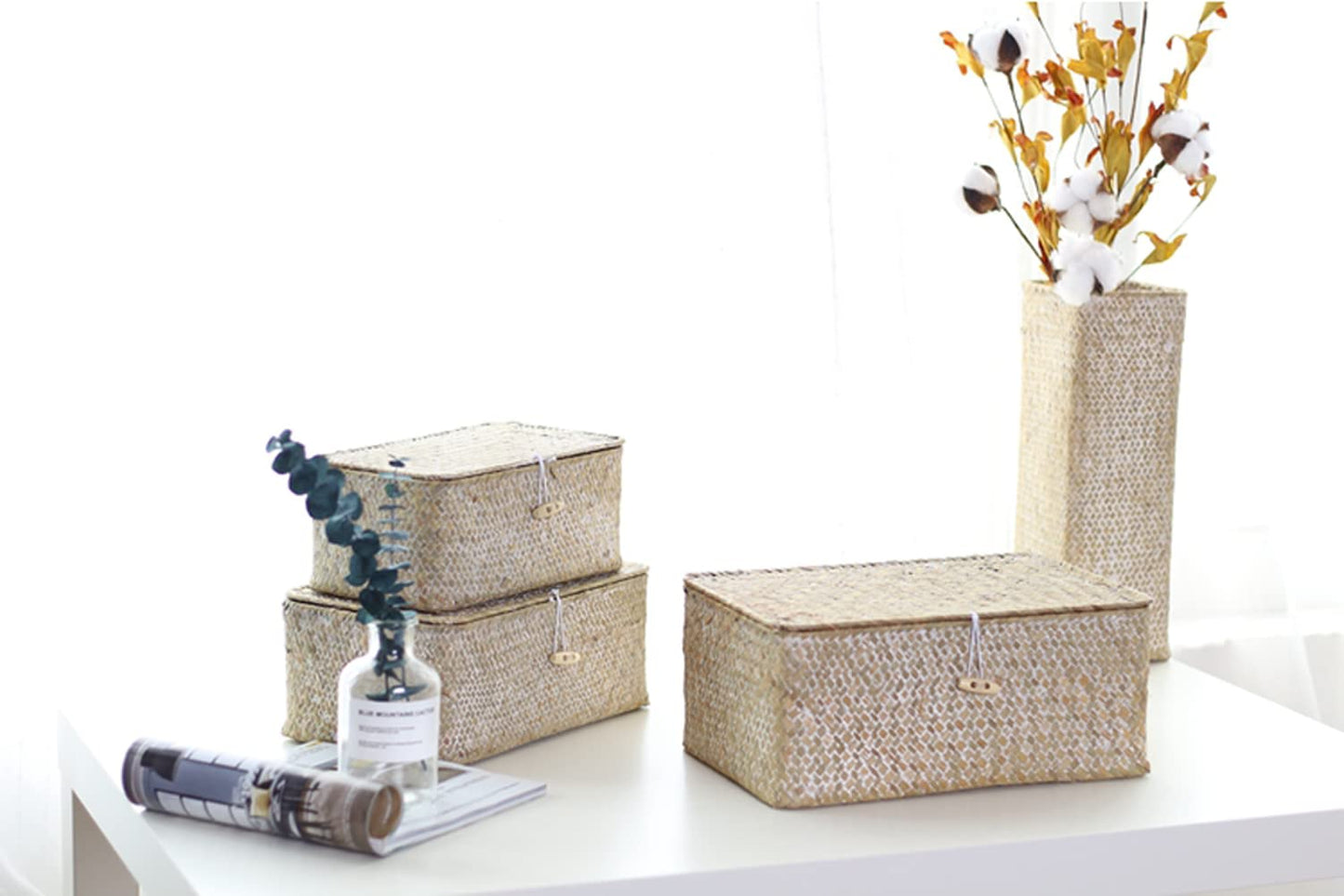 HAPYFURN Seagrass Storage Basket with Lid Rectangular Box for Toys Clothes Books Keys Natural Rattan Woven Multifunctional Makeup Organizer Set of 3