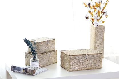 HAPYFURN Seagrass Storage Basket with Lid Rectangular Box for Toys Clothes Books Keys Natural Rattan Woven Multifunctional Makeup Organizer Set of 3