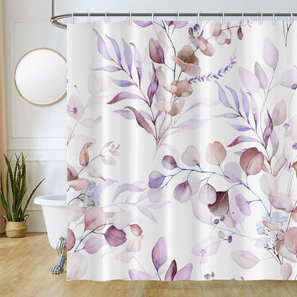 Uiiooazy Eucalyptus Shower Curtain, Pink Violet Leaves Floral Bath Curtain Mildew and Mould Resistant Waterproof Polyester Fabric Washable Opaque