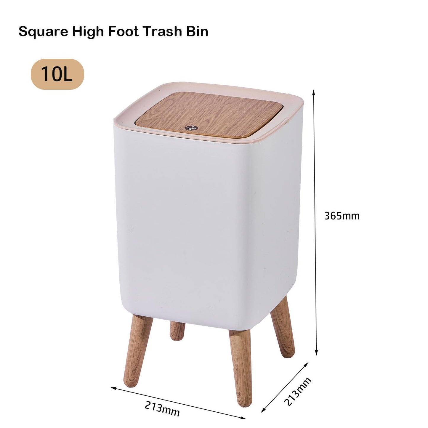 JETAINE Mini Trash Bin with Lid, 10 Liter Garbage Bin, Tall Sqaure Trash Can, Modern White Waste Bin with Wooden Legs, Plastic Rubbish for Kitchen