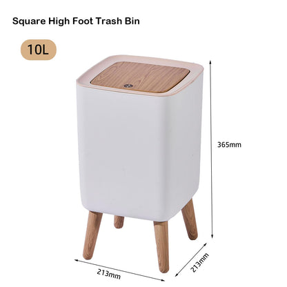 JETAINE Mini Trash Bin with Lid, 10 Liter Garbage Bin, Tall Sqaure Trash Can, Modern White Waste Bin with Wooden Legs, Plastic Rubbish for Kitchen
