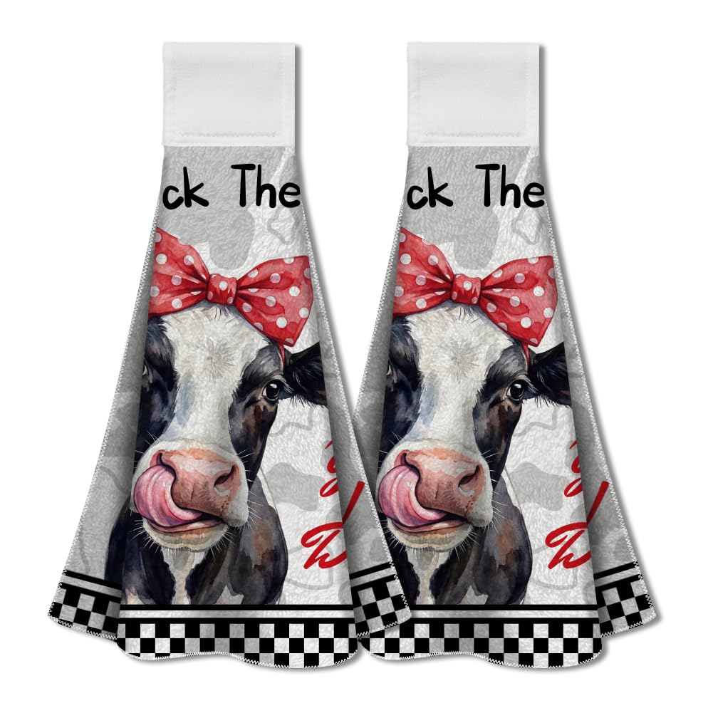 WADORN 2Pcs Funny Cow Kitchen Towels with Hanging Loop, Soft Absorbent Farm Cow I'll Lick The Dishes Hand Towels Spring Summer Dish Cloths for