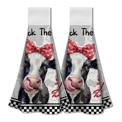 WADORN 2Pcs Funny Cow Kitchen Towels with Hanging Loop, Soft Absorbent Farm Cow I'll Lick The Dishes Hand Towels Spring Summer Dish Cloths for