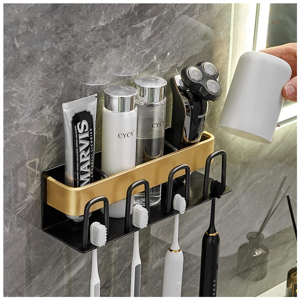Toothbrush Holder Wall Mounted, No Drilling Electric Toothbrush Organiser Bathroom Toothpaste Storage Rack with 4 Brush Slots and Cups Holder (Black