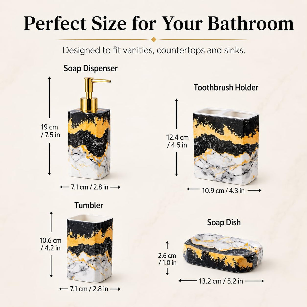 4 Piece Bathroom Accessories Set - Black and White Includes Lotion Dispenser, Toothbrush Holder Tumbler, and Soap Dish - Glossy Finish