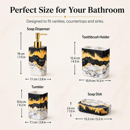 4 Piece Bathroom Accessories Set - Black and White Includes Lotion Dispenser, Toothbrush Holder Tumbler, and Soap Dish - Glossy Finish