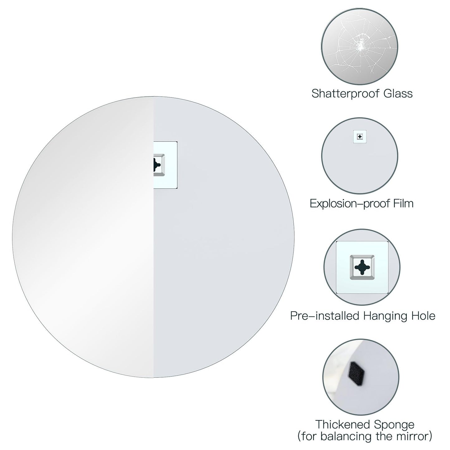 Dripex 60 x 60cm Frameless Round Mirror, Wall Mounted Bathroom Mirror with Polished Edge & Pre-installed Hole, Home Deco Hanging for Hallway Bedroom