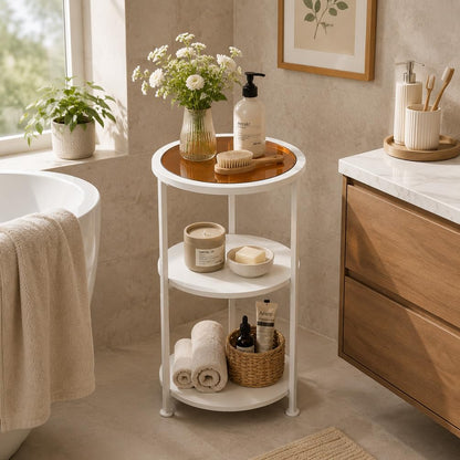 ZEXVIDA 3-Tier Round Side Table with Amber Tempered Glass Top,White & Amber