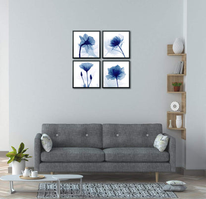 Wieco Art Black Framed 4 Panels Blue Flickering Flower Modern Canvas Wall Art Grace Floral Pictures on Canvas Prints for Bedroom Office Home