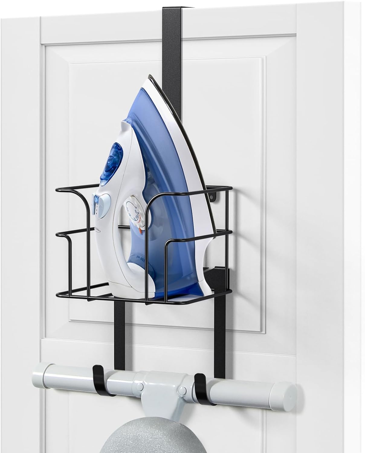Over The Door/Wall Mount Ironing Board Hanger, Laundry Room Iron and Ironing Board Caddy Storage Holder, Black (Black)