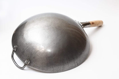 Craft Wok Traditional Hand Hammered Carbon Steel Pow Wok with Wooden and Steel Helper Handle (14 Inch, Round Bottom)/731W88