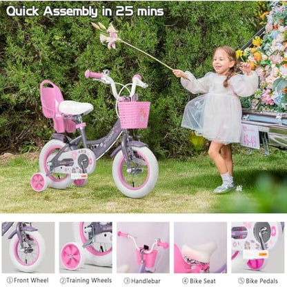 Glerc Maggie 12 Inch Kids Bike for 2-13 Years Old, Girls Bicycle with Doll-Seat & Basket & Stabilisers & Kickstand, Multiple Colors