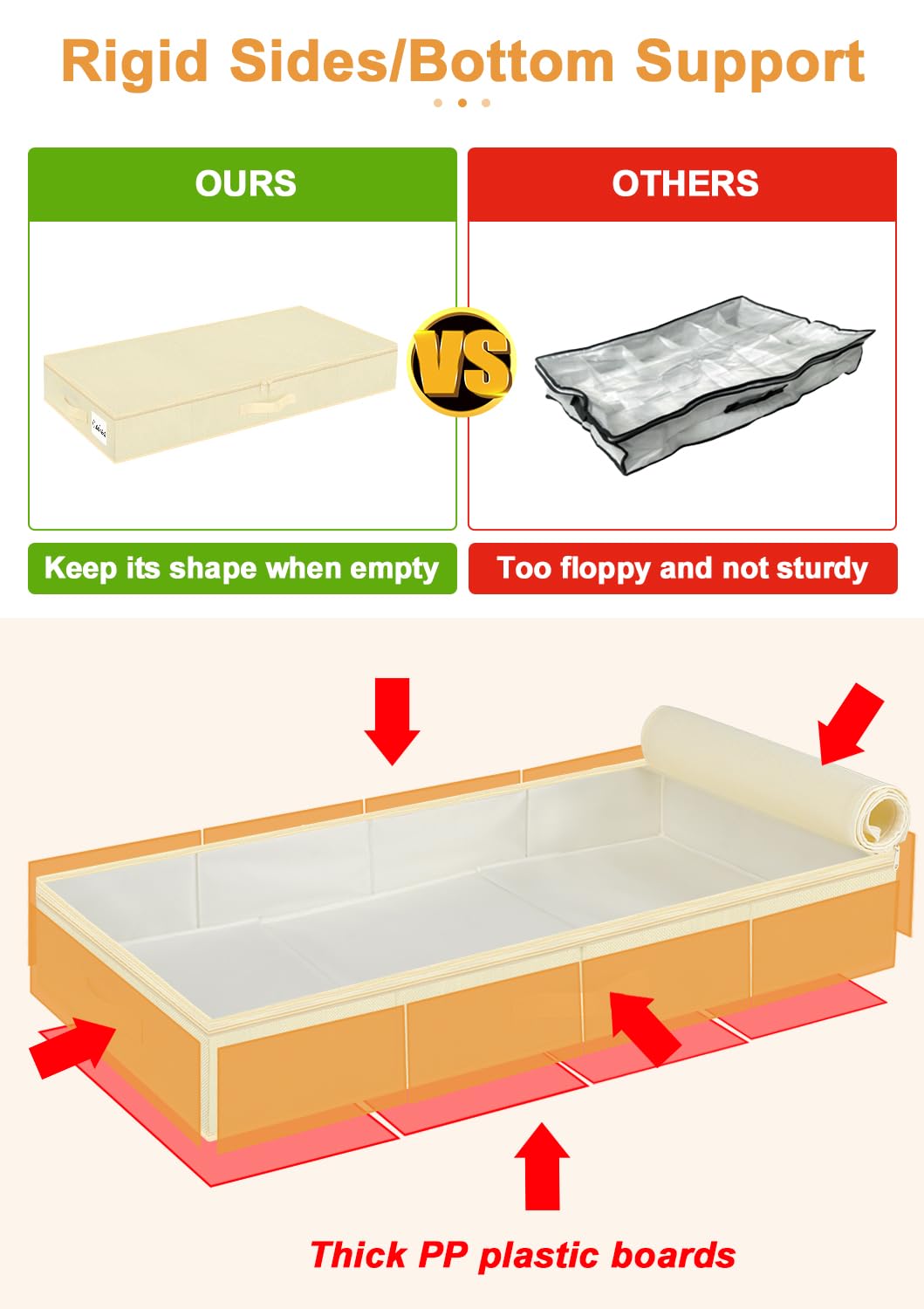 40L 12cm Slim Under Bed Storage Boxes with Zipped Lids, 2 Pack, Beige