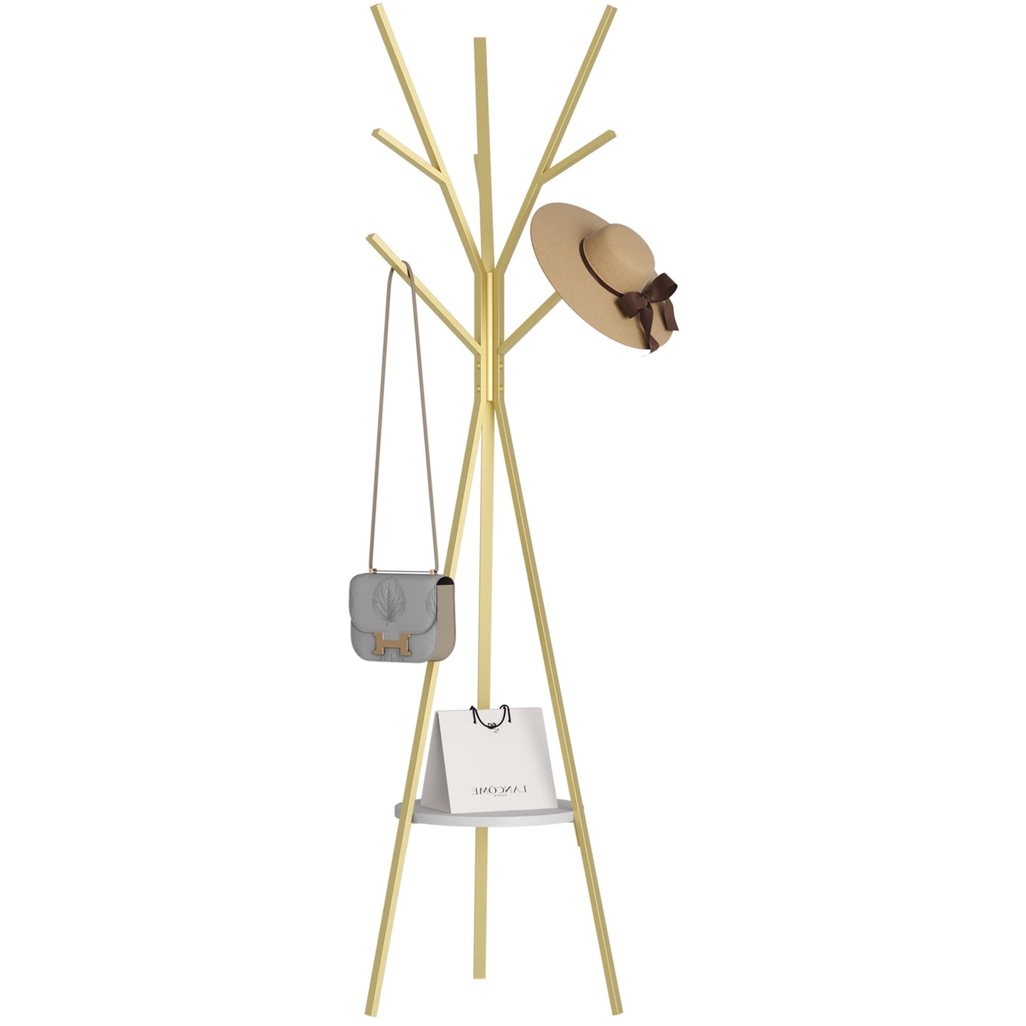 HOME BI Coat Rack Stand, Entryway Standing Coat Tree,Hat Stand Coat Hanger with 9 Hooks for Holding Jacket, Handbag, Clothes, Hats, and Scarves, Gold