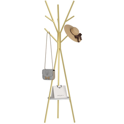 HOME BI Coat Rack Stand, Entryway Standing Coat Tree,Hat Stand Coat Hanger with 9 Hooks for Holding Jacket, Handbag, Clothes, Hats, and Scarves, Gold