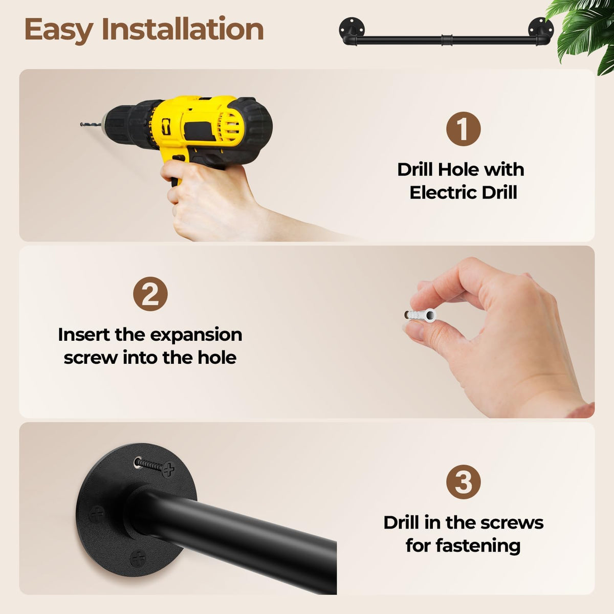 96cm Wall Mounted Clothes Rail Clothing Rack Industrial Pipe Rod Black