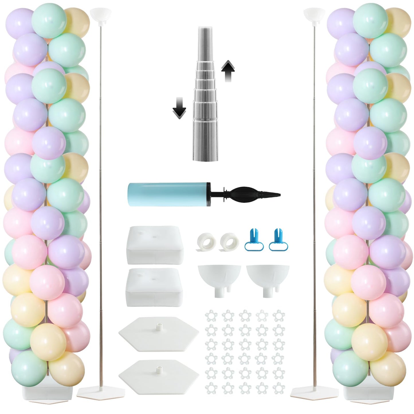 6.7 Ft Telescopic Balloon Stand Kit with Metal Floor Base, 2 Rolls Dots Stickers and Pump for Wedding, Birthday, Baby Shower, Graduation