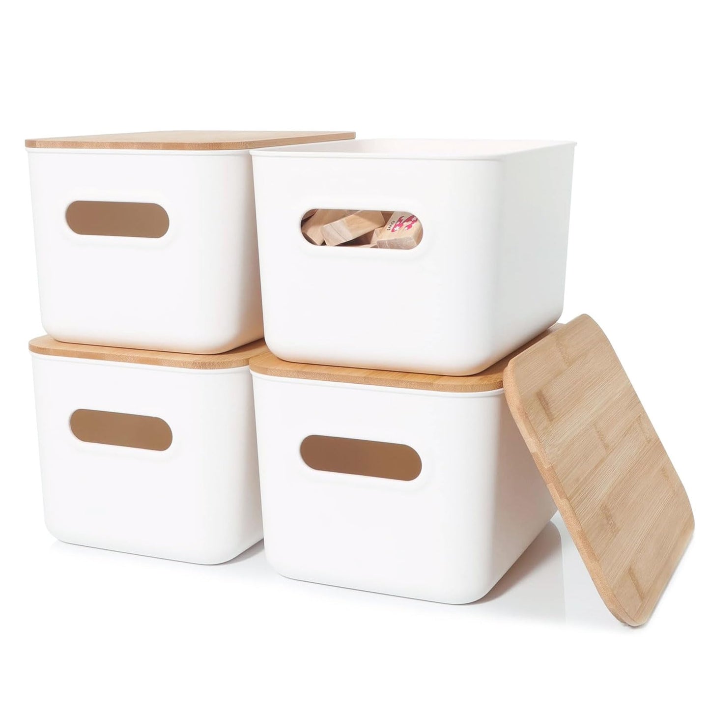 WOPPLXY 4PCS White Storage Boxes with Bamboo Lid - 6.5L Stackable Plastic Storage Box with Lids Durable