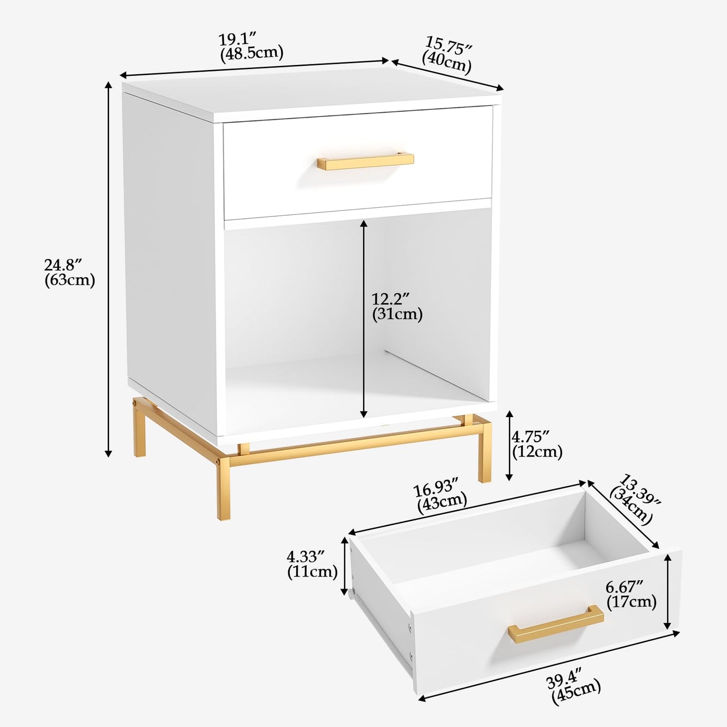 Skokliz Bedside Tables Set of 2 - White Cabinet with Drawer & Open Shelf, Modern End Table for Bedroom, Living Room & Small Spaces