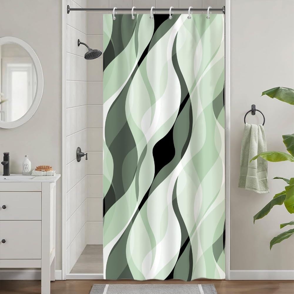 Uiiooazy Shower Curtain, Green, Shower Curtain, Narrow, 90 x 180 cm, Anti-Mould, Sage Green, Gradient Stripes, Lines, Patterned Shower Curtain,