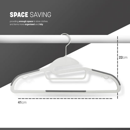 KEPLIN 20-Pack Non-Slip Hangers – Durable, Slimline Design for Space Saving with 360° Swivel, Tie Organiser, Strap Hooks, and S-Shape Opening (White)