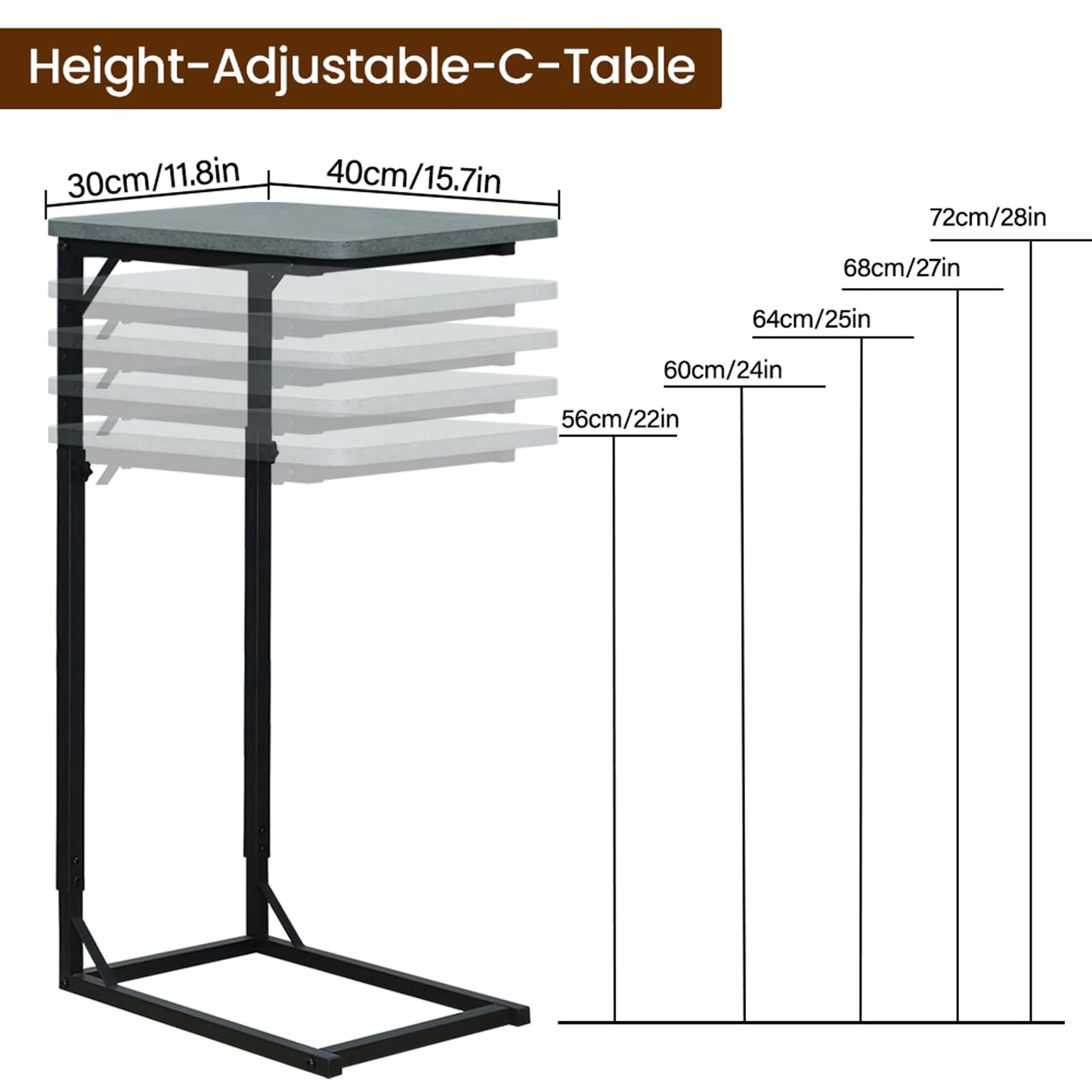 OFIDELITY Side Table, Height Adjustable C Table, End Table for Sofa, Couch & Bedside