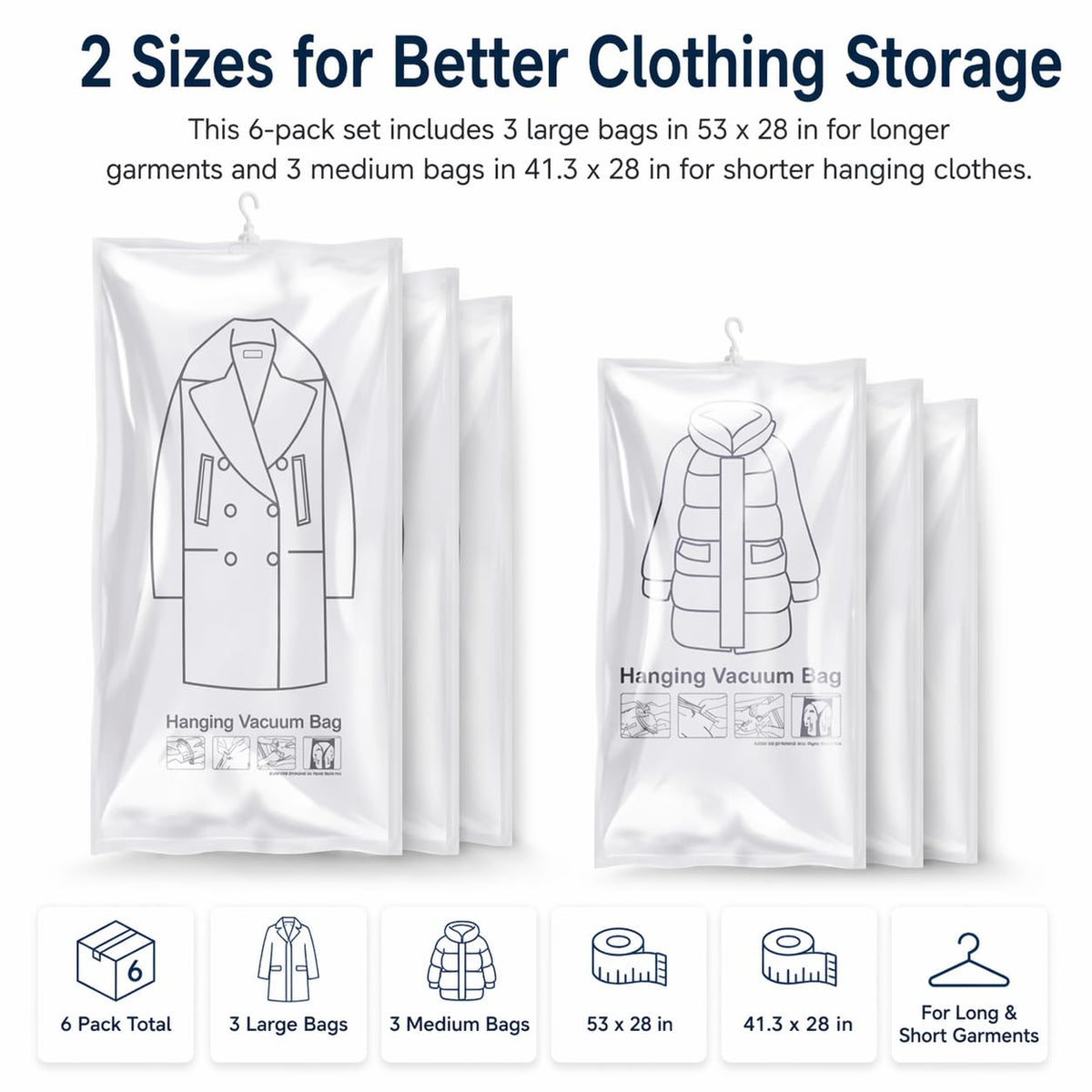Hanging Vacuum Storage Bags for Clothes, Coats and Jackets, Large Size, Set