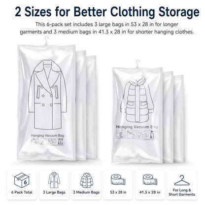 Hanging Vacuum Storage Bags for Clothes, Coats and Jackets, Large Size, Set