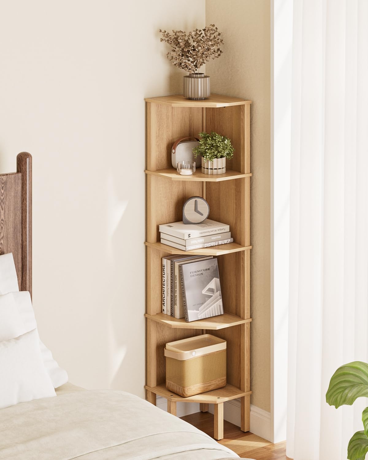 Apetaccat Corner Shelf, 4 Tier Corner Modern Corner Bookshelf, Display Corner Bookshelf,Wooden Storage Rack for Living Room,Bedroom,Office,Oak