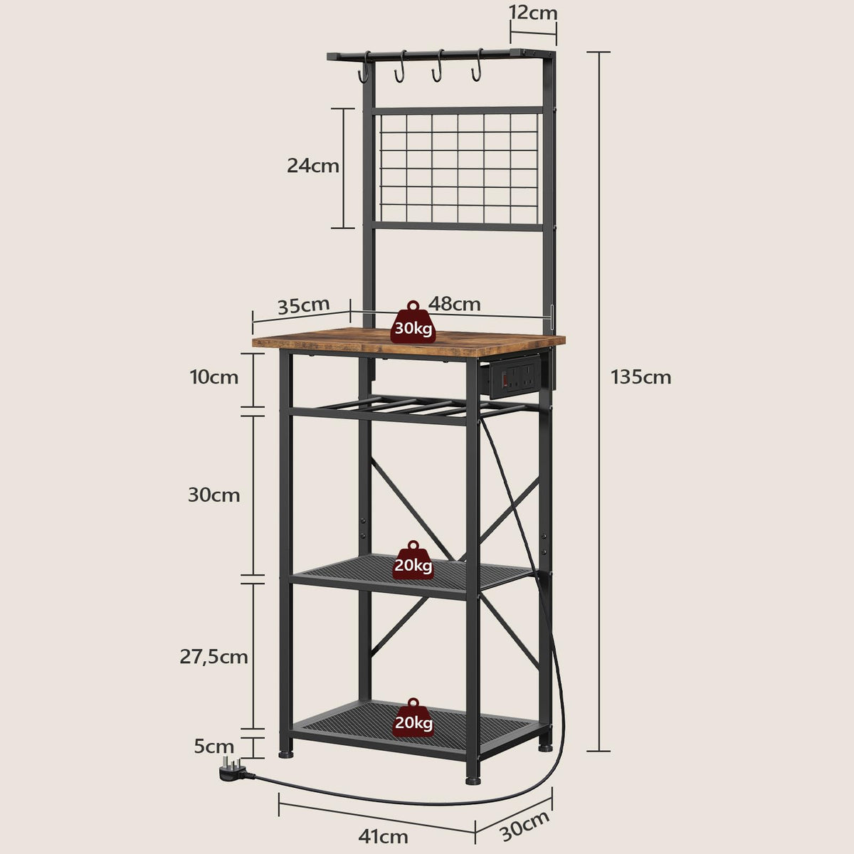 MAHANCRIS Bakers Rack, Microwave Stand with Power Outlet, Coffee Bar Station with Wine Rack and Hooks, Kitchen Storage Shelf