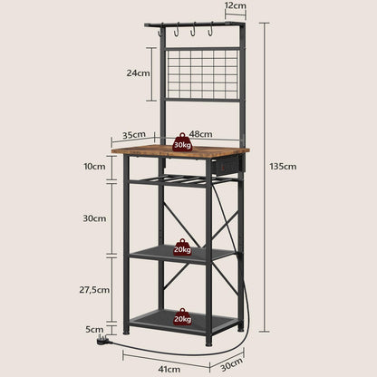 MAHANCRIS Bakers Rack, Microwave Stand with Power Outlet, Coffee Bar Station with Wine Rack and Hooks, Kitchen Storage Shelf