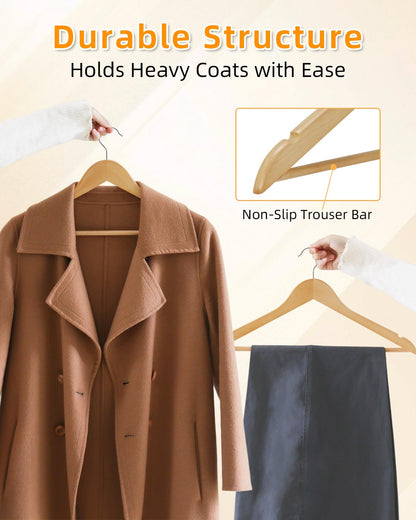 Hangerman Wooden Clothes Hangers - 20 Pack Solid Wood Coat Jacket Hangers with Non-Slip Trouser Bar and Notches, 360° Swivel Hook, Natural