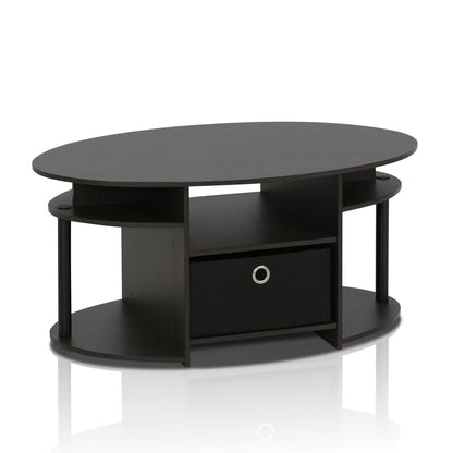 Furinno JAYA Coffee Table, Oval Modern Coffee Table with Shelves and Storage Bin, Side Table, for Living Room, Bedroom, Home Office, Walnut