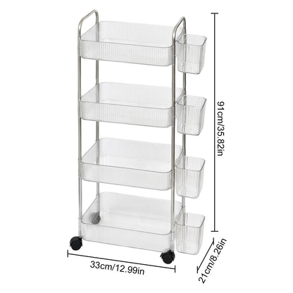 Nidoul 4-Tier Acrylic Rolling Storage Cart,Storage Trolley Lockable Wheels with 4Pcs Extra Hanging Cups Handles for Bathroom,Kitchen Storage and