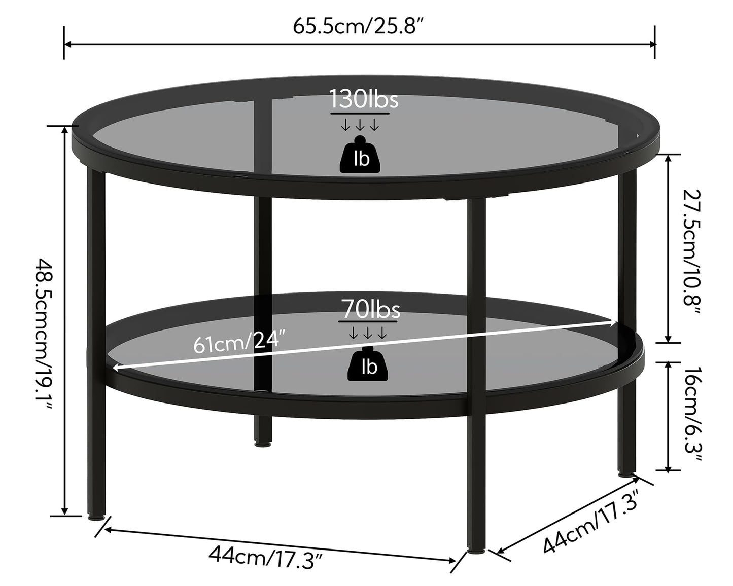 Yusong Round Glass Coffee Tables for Living Room, 2-Tier Circle Coffee Table with Storage, 66 CM Modern Center Accent Table with Light Black Glass
