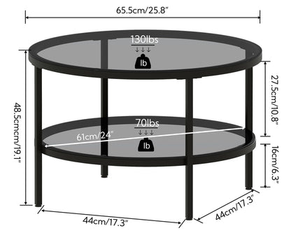 Yusong Round Glass Coffee Tables for Living Room, 2-Tier Circle Coffee Table with Storage, 66 CM Modern Center Accent Table with Light Black Glass