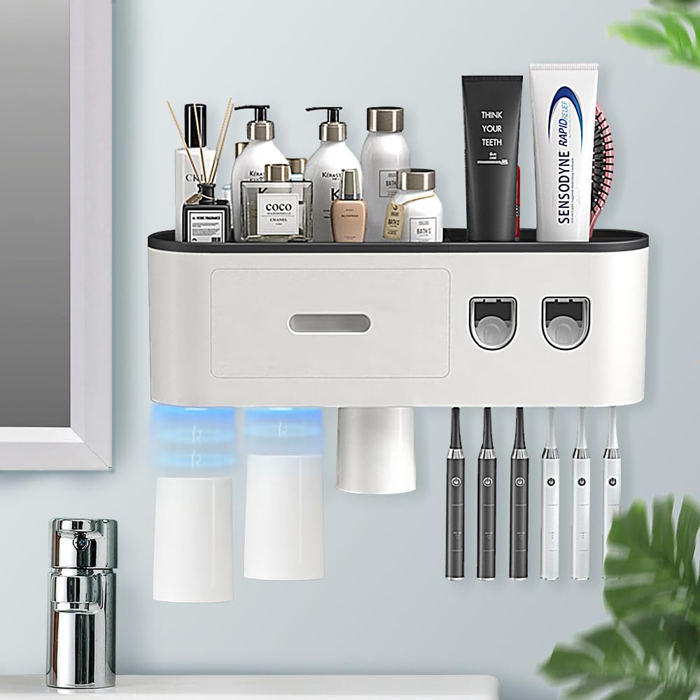 BHeadCat Toothbrush Holders Wall Mounted, Toothbrush Holder with Double Automatic Toothpaste Dispensers, 6 Brush Slots, 3 Magnetic Cups,1 Cosmetic