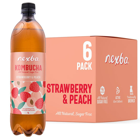 Nexba Strawberry & Peach Kombucha 1?L (Pack of 6) ? All Natural, Sugar Free & Healthy Fruit?Powered Probiotic Beverage