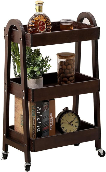lamde 3-Tier Wooden Rolling Cart- Wooden Utility Cart wit Wheels- Utility Rolling Cart-Storage Trolley Organizer- Rolling Kitchen Cart Serving Cart