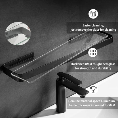 Biutimarden Bathroom Shelf Rectangular No Drilling Wall Mounted Tempered Glass Shower Caddy Space Aluminum Rustproof Storage Organizer for Bathroom