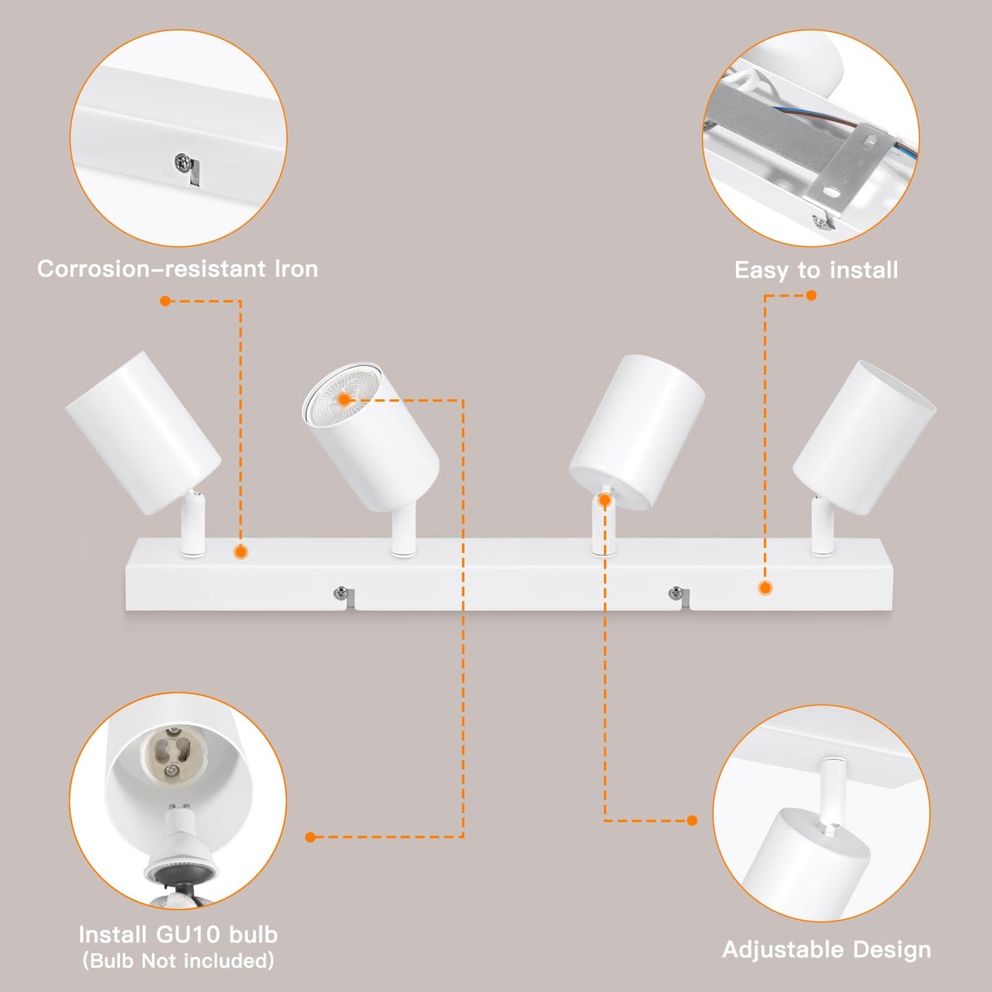 Ketom Adjustable 4 Way Ceiling Spotlight Fitting - GU10 LED Ceiling Light Rotatable - Indoor Spotlights Ceiling Lights - Modern White Metal Ceiling