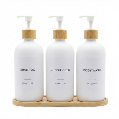 Shampoo and Conditioner Dispenser Set - 3 Pack 600ml/21oz Refillable PET Shower Bottles with Plastic Pump, Bamboo Tray, Funnel & Labels