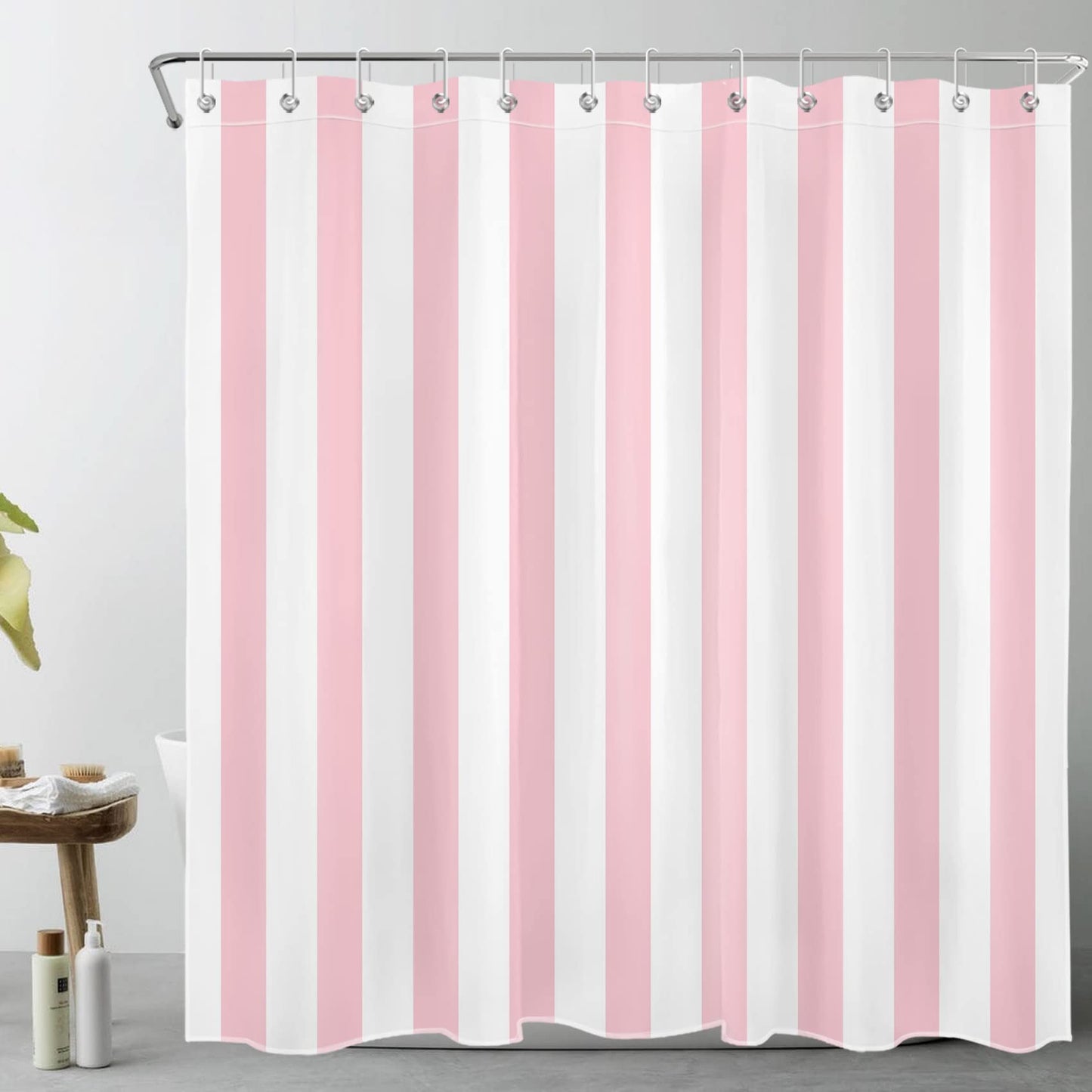 LB Pink and White Striped Shower Curtain Simple Geometric Art Shower Curtains for Bathroom Minimalist Polyester Anti Mould Waterproof Extra Long Bath