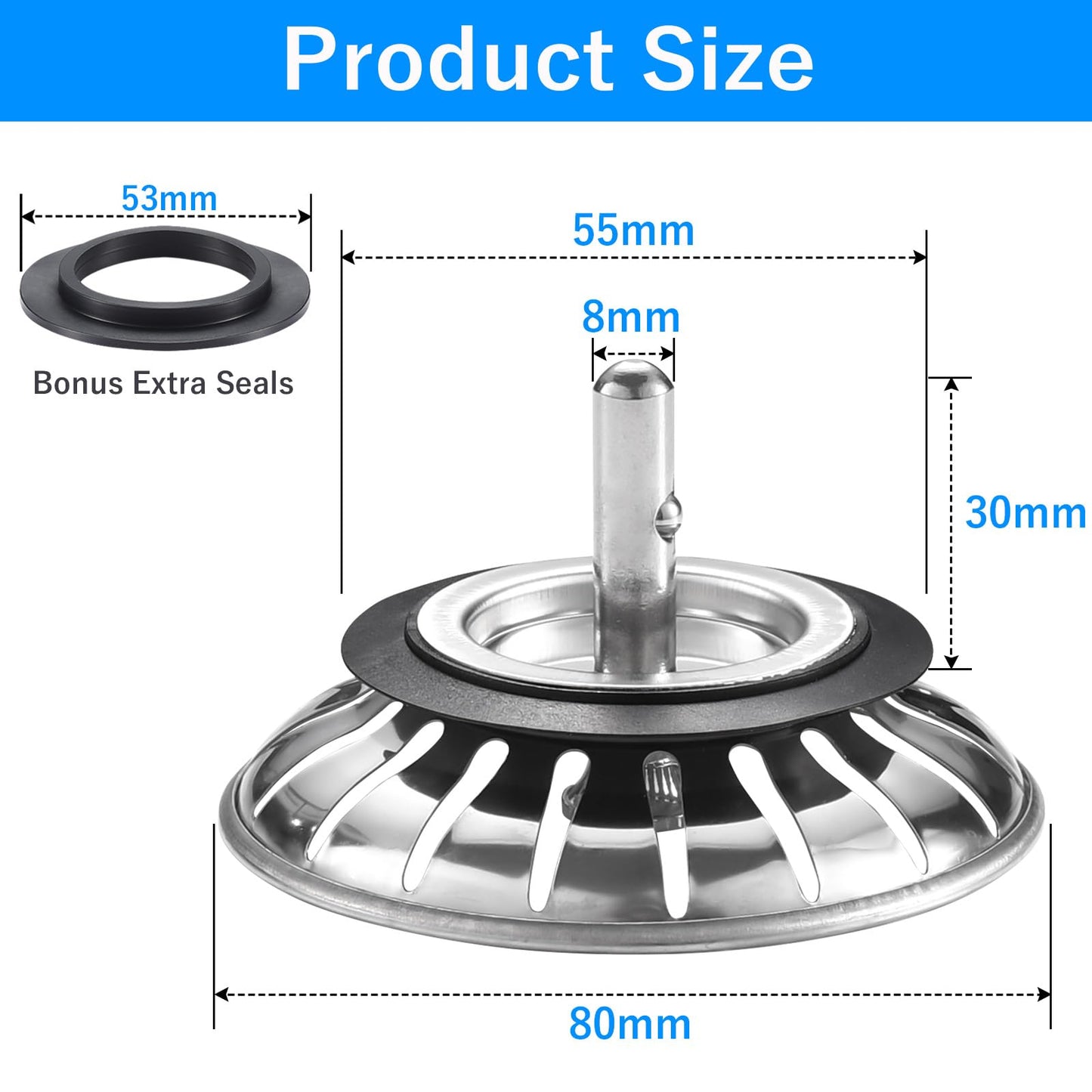 Stainless Steel Kitchen Sink Bowl Strainer and Plug, 80mm Kitchen Sink Plug for Single Double Bowl Use