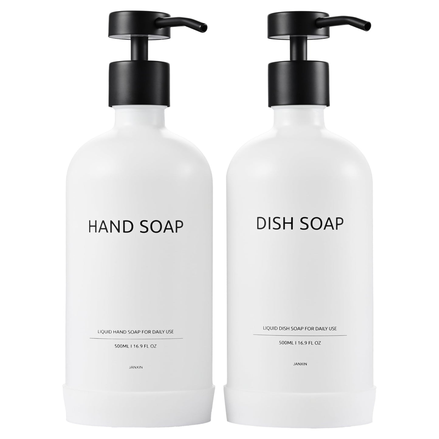 Janxin Set of 2 Glass Soap Dispenser 500 ml, Soap Dispenser Black Glass, Soap Dispenser White, and Non-Slip Silicone Protective Underlay (White bottle